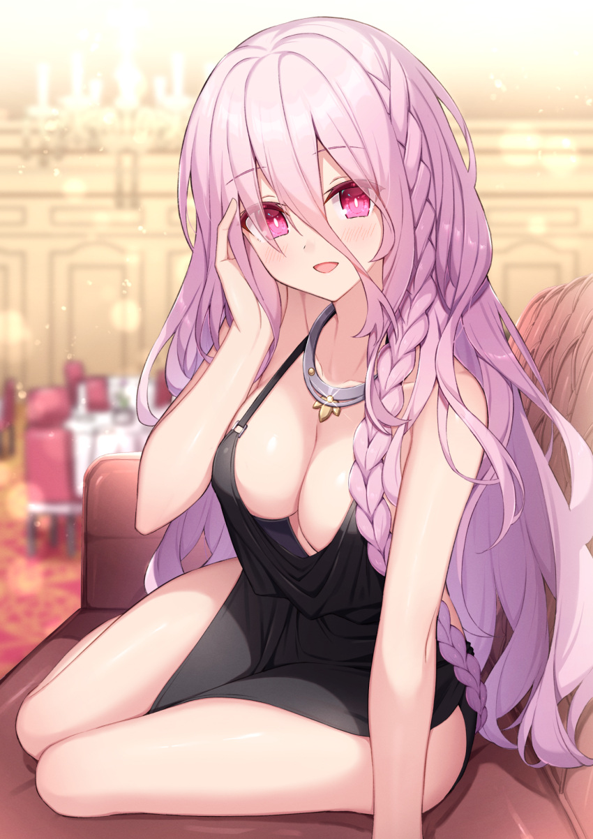 1girl :d bare_arms bare_shoulders black_dress blurry blurry_background braid breasts chair cleavage commentary_request commission couch date_a_live depth_of_field downblouse dress glint hair_between_eyes hand_up highres indoors long_hair looking_at_viewer medium_breasts on_couch pink_hair pixiv_commission purple_eyes sitting sleeveless sleeveless_dress smile solo sonogami_rinne t@ke-g table very_long_hair yokozuwari