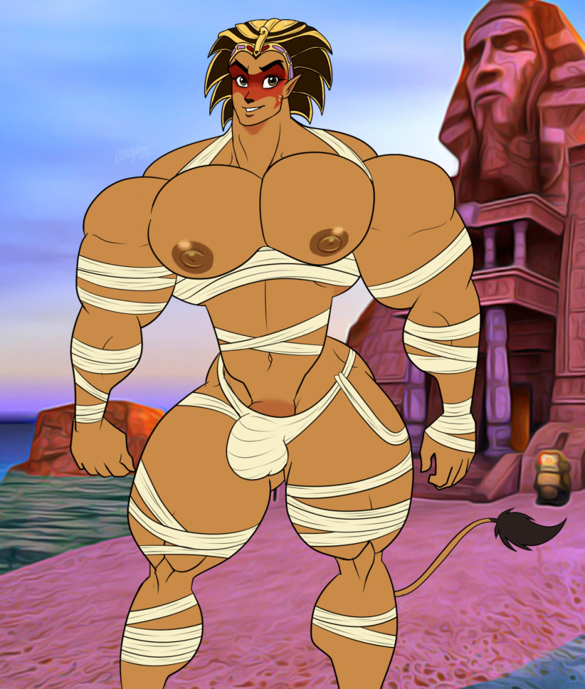 animal_humanoid anthro armwear bandage barazoku biceps big_muscles big_pecs bottomwear brown_eyes bulge clothed clothing egyptian egyptian_clothing egyptian_headdress egyptian_mythology elbow_gloves facial_markings felid felid_humanoid gloves handwear head_markings headdress headgear headwear hi_res human humanoid humanoid_pointy_ears lake male mammal mammal_humanoid markings middle_eastern_mythology mummy mummy_costume mummy_wrappings muscular muscular_legs muscular_male mythological_sphinx mythology navel nipples pants partially_clothed pecs playstation quads ratchetjak sand shirt sky solo sony_corporation sony_interactive_entertainment sphinx_(sphinx_and_the_cursed_mummy) sphinx_and_the_cursed_mummy sphinx_humanoid tail tan_body tanned_skin thick_thighs topwear undead