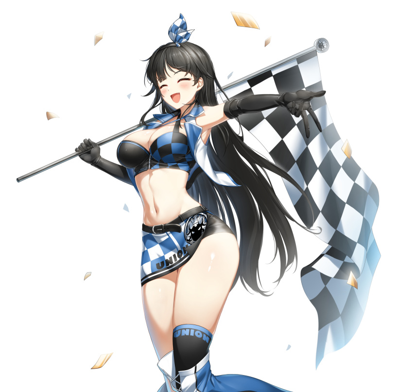 1girl armpits bare_shoulders black_gloves black_hair black_shirt blue_eyes blue_skirt boots breasts checkered_flag cleavage closers criss-cross_halter crop_top cropped_vest elbow_gloves facing_viewer fang flag game_cg gloves hairband halterneck hand_up highres holding holding_flag large_breasts long_hair midriff miniskirt navel non-web_source official_art open_clothes open_mouth open_vest outstretched_arm race_queen shirt side_slit skirt sleeveless sleeveless_shirt smile solo stomach thigh_boots thighs v very_long_hair vest white_vest yuri_seo
