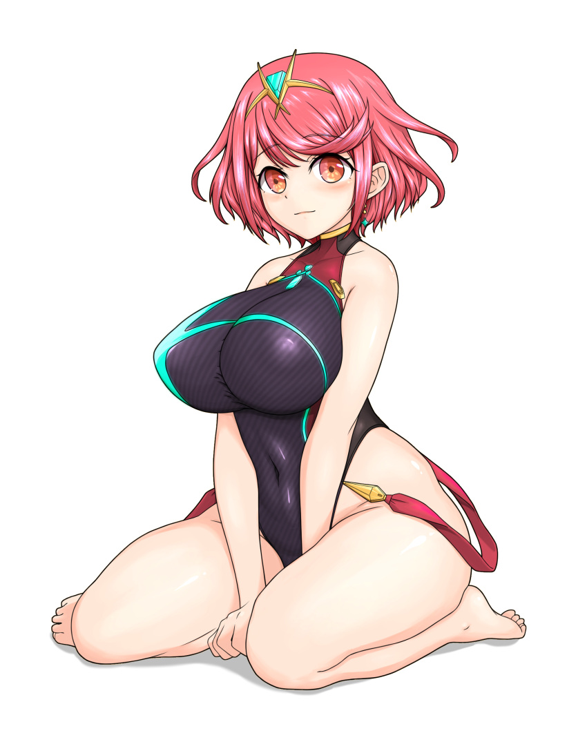 1girl absurdres bare_shoulders barefoot between_legs blush breasts competition_swimsuit core_crystal_(xenoblade) covered_collarbone covered_navel covered_nipples drop_earrings earrings feichu_keju hand_between_legs highleg highleg_swimsuit highres impossible_clothes jewelry large_breasts light_smile looking_at_viewer multicolored_clothes multicolored_swimsuit official_alternate_costume one-piece_swimsuit pyra_(pro_swimmer)_(xenoblade) pyra_(xenoblade) red_eyes red_hair short_hair solo swept_bangs swimsuit thick_thighs thighs tiara white_background xenoblade_chronicles_(series) xenoblade_chronicles_2