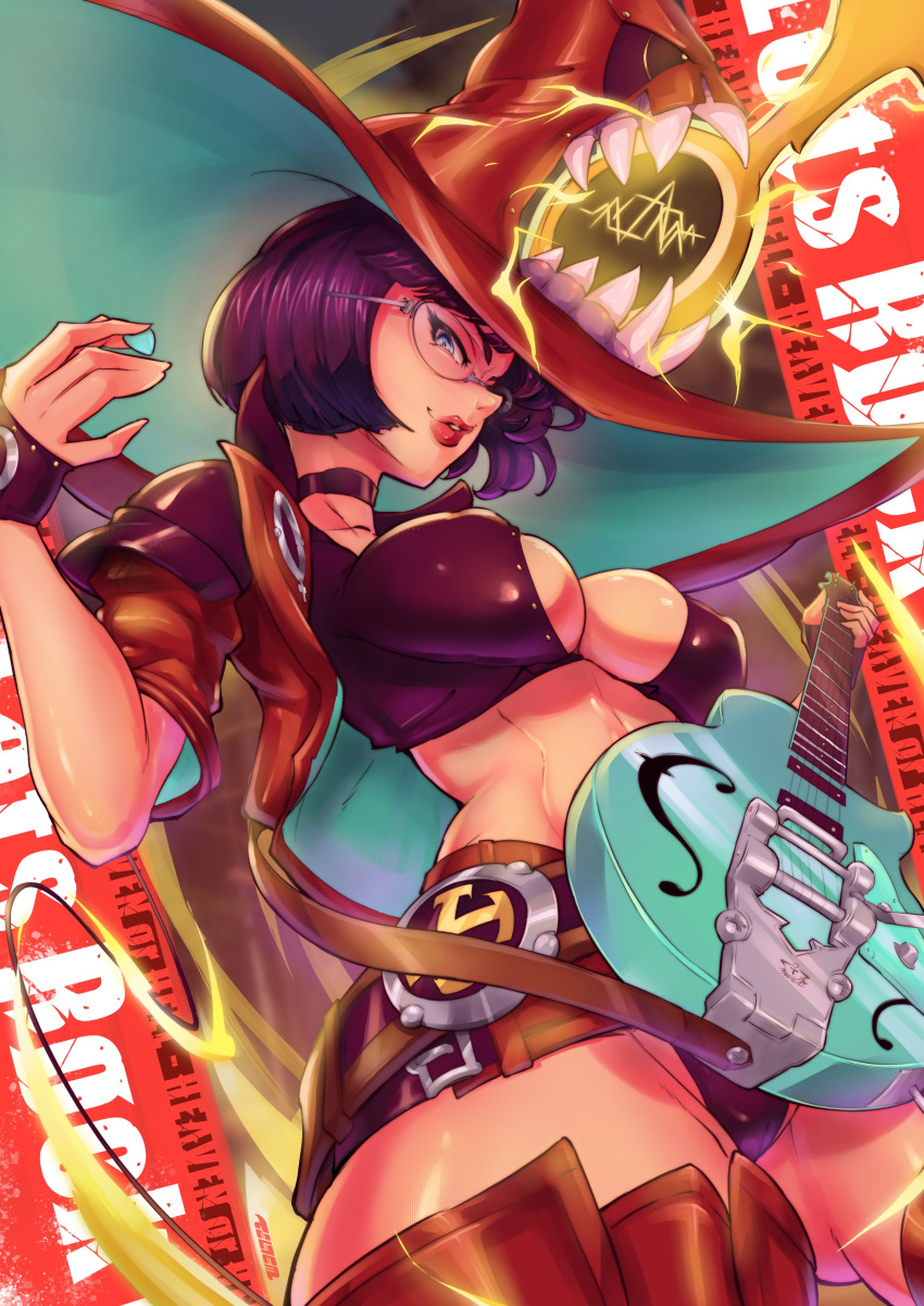 1girl absurdres black_choker black_hair boots breasts choker electric_guitar fingerless_gloves gloves green_eyes guilty_gear guilty_gear_strive guitar hat highres i-no instrument large_breasts looking_at_viewer mole mole_above_mouth red_footwear red_headwear red_leather red_lips short_hair sunglasses telrem thigh_boots tinted_eyewear venus_symbol witch_hat