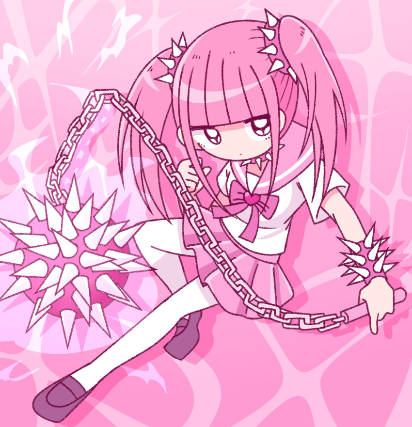 1girl black_eyes black_footwear blunt_bangs bow bracelet closed_mouth collar expressionless ezaki_bisuko heart highres holding_mace jewelry looking_at_viewer mace menhera-chan_(ezaki_bisuko) menhera-chan_(ezaki_bisuko)_(character) pink_background pink_bow pink_hair pink_sailor_collar pink_skirt pink_theme sailor_collar school_uniform serafuku short_twintails sidelocks skirt solo spiked_bracelet spiked_collar spiked_mace spikes thighhighs twintails weapon white_serafuku white_thighhighs yami_kawaii