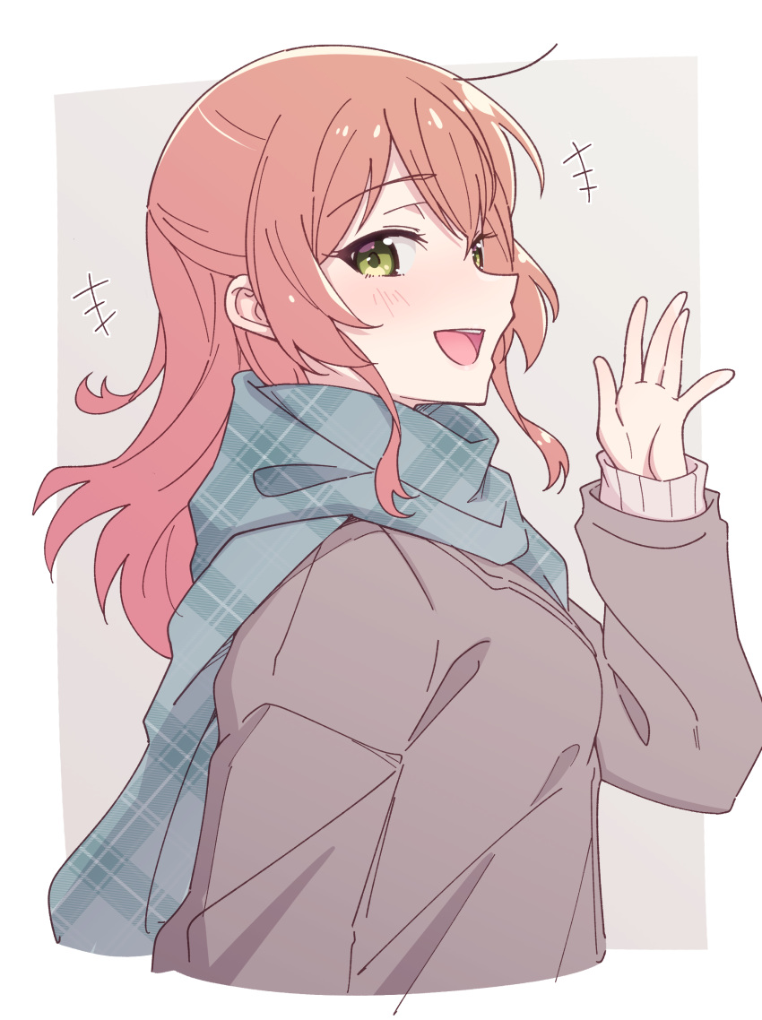 +++ 1girl :d absurdres blush bocchi_the_rock! cropped_torso e20 from_side green_eyes grey_background grey_jacket grey_scarf grey_sweater hair_between_eyes hand_up highres jacket kita_ikuyo long_hair long_sleeves plaid plaid_scarf red_hair scarf smile solo sweater two-tone_background upper_body white_background
