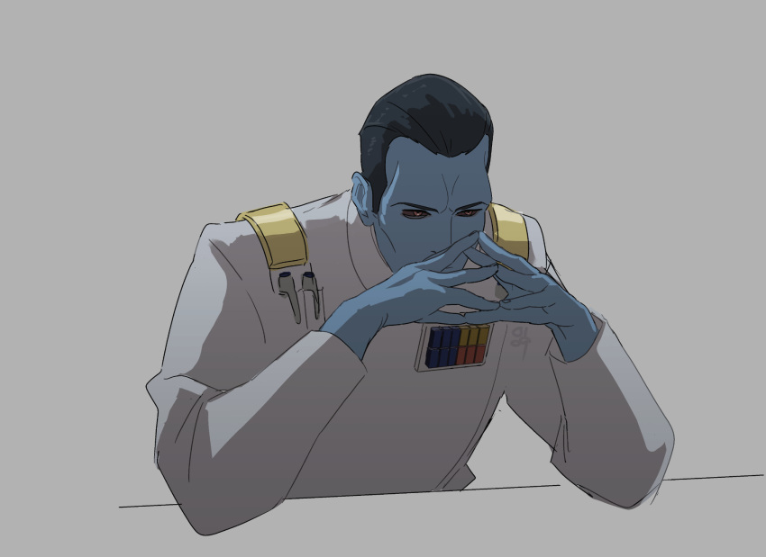 0109_(artist) 1boy blue_skin chiss colored_skin galactic_empire gendou_pose grand_admiral_thrawn highres military_uniform own_hands_clasped own_hands_together pen solo star_wars thinking uniform white_uniform