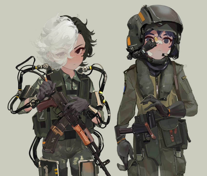 2girls absurdres assault_rifle bandage_on_face bandages bandaid bandaid_on_face bandaid_on_nose black_gloves black_hair blue_hair camouflage commission exoskeleton gloves gun helmet highres holster jumpsuit kvk_wz.88 leg_armor load_bearing_vest military military_uniform multicolored_hair multiple_girls pilot_suit pixiv_commission pm-63_rak polilla rifle simple_background stalker_(game) taped_magazines two-tone_hair uniform weapon white_hair