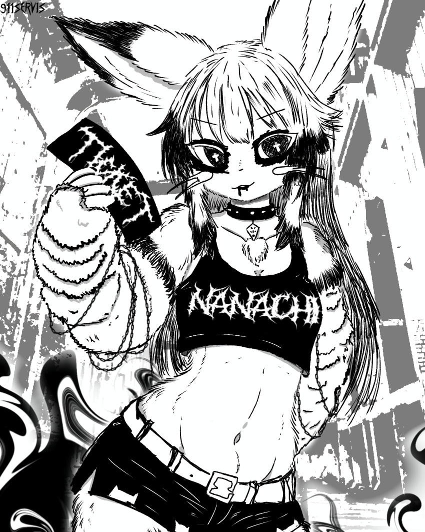 1girl 911servis absurdres animal_ears belt breasts character_name choker commentary cowboy_shot cross-shaped_pupils detached_sleeves english_commentary fur_sleeves furry furry_female genderswap genderswap_(otf) greyscale highres long_hair looking_at_viewer made_in_abyss medium_bangs micro_shorts midriff monochrome nanachi_(made_in_abyss) navel open_mouth rabbit_ears rabbit_girl shorts small_breasts smile solo spiked_choker spikes sports_bra symbol-shaped_pupils whiskers