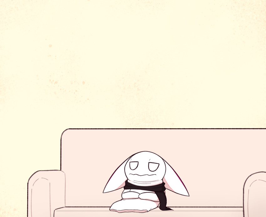 animal_ears artist_self-insert bored closed_mouth couch cushion grey_background hand_puppet highres looking_afar lying on_back on_couch original puppet scarf simple_background sitting solo white_background white_eyes xyronii