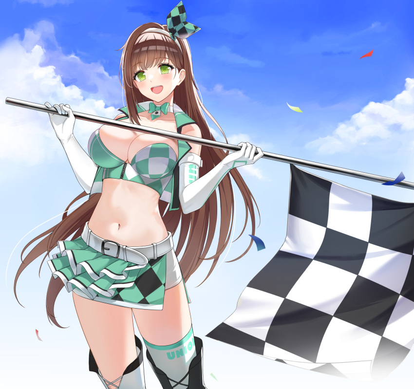 1girl bare_shoulders belt black_vest boots bow bowtie breasts brown_hair checkered_flag choker cleavage closers cloud collarbone cowboy_shot crop_top cropped_vest elbow_gloves flag gloves green_eyes green_shirt green_skirt hairband hands_up highres holding holding_flag large_breasts long_hair looking_at_viewer midriff miniskirt navel non-web_source official_art open_clothes open_mouth open_vest outdoors race_queen shirt side_slit skindentation skirt sleeveless sleeveless_shirt smile solo soma_(closers) standing stomach thigh_boots thighhighs thighs very_long_hair vest white_choker white_gloves white_thighhighs zettai_ryouiki