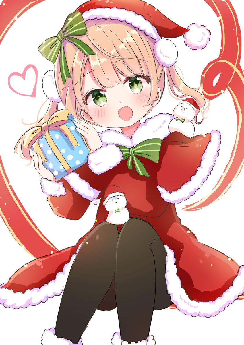 1girl :d alternate_costume asymmetrical_bangs black_pantyhose blonde_hair blush bow box capelet christmas christmas_ornaments fur-trimmed_capelet fur_trim gift gift_box green_bow green_eyes green_ribbon hair_ornament hands_up hat heart highres holding holding_gift indie_virtual_youtuber looking_at_viewer nanami_ayane_(kusunoki5050) open_mouth pantyhose parted_bangs pom_pom_(clothes) pom_pom_hair_ornament ribbon santa_costume santa_hat shigure_ui_(vtuber) sidelocks simple_background sitting smile snowman solo twintails