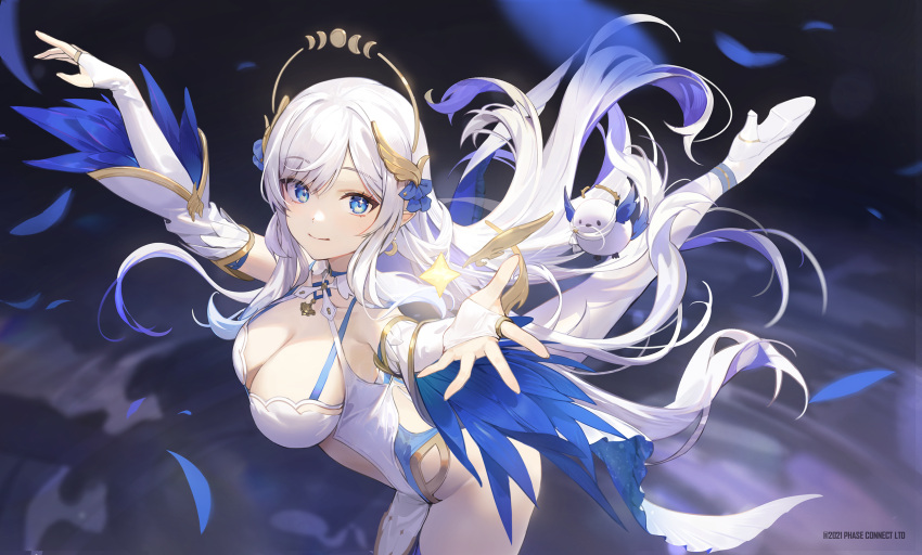 1girl bird blue_eyes blue_feathers boots breasts bridal_gauntlets cleavage copyright_name dress feather-trimmed_sleeves feathers halo hansum high_heel_boots high_heels highres hikanari_hina large_breasts long_hair official_art outstretched_arms outstretched_hand pelvic_curtain phase_connect pointy_ears solo sparkling_eyes virtual_youtuber white_bridal_gauntlets white_dress white_footwear white_hair wing_hair_ornament