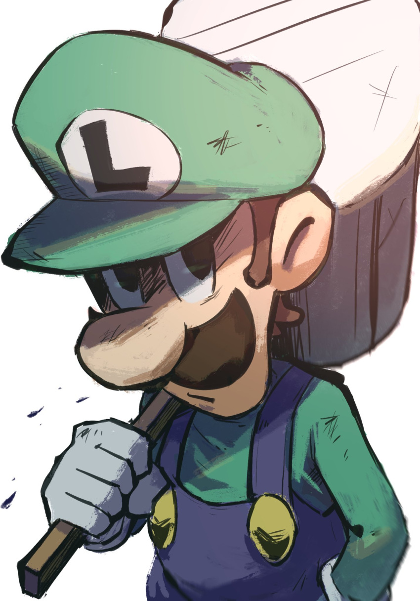 1boy blue_overalls brown_hair facial_hair gloves green_headwear green_shirt hammer hand_in_pocket hat highres holding holding_hammer looking_at_viewer luigi mari_luijiroh mario_&amp;_luigi_rpg mario_(series) masanori_sato_(style) mustache over_shoulder overalls shirt short_hair simple_background solo upper_body weapon weapon_over_shoulder white_background white_gloves
