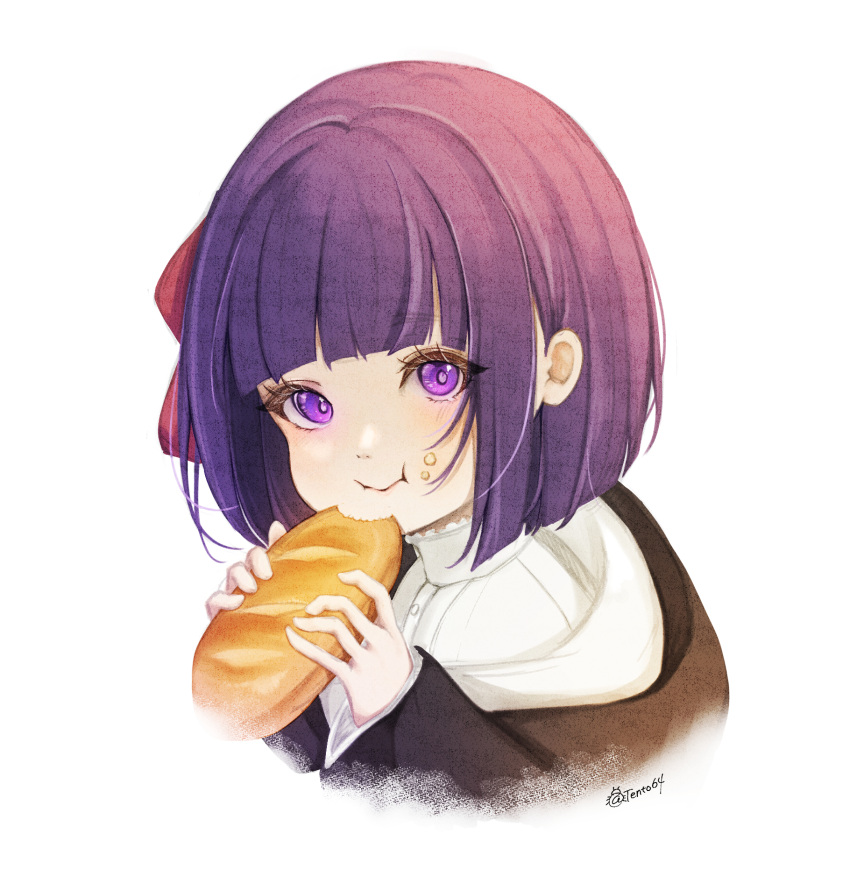 1girl a_tento64 black_coat black_robe blunt_bangs bread chewing closed_mouth coat collar crumbs dress eating fern_(sousou_no_frieren) food frilled_collar frills hair_ribbon highres medium_hair purple_eyes purple_hair purple_pupils red_ribbon ribbon robe simple_background solo sousou_no_frieren straight_hair twitter_username white_dress