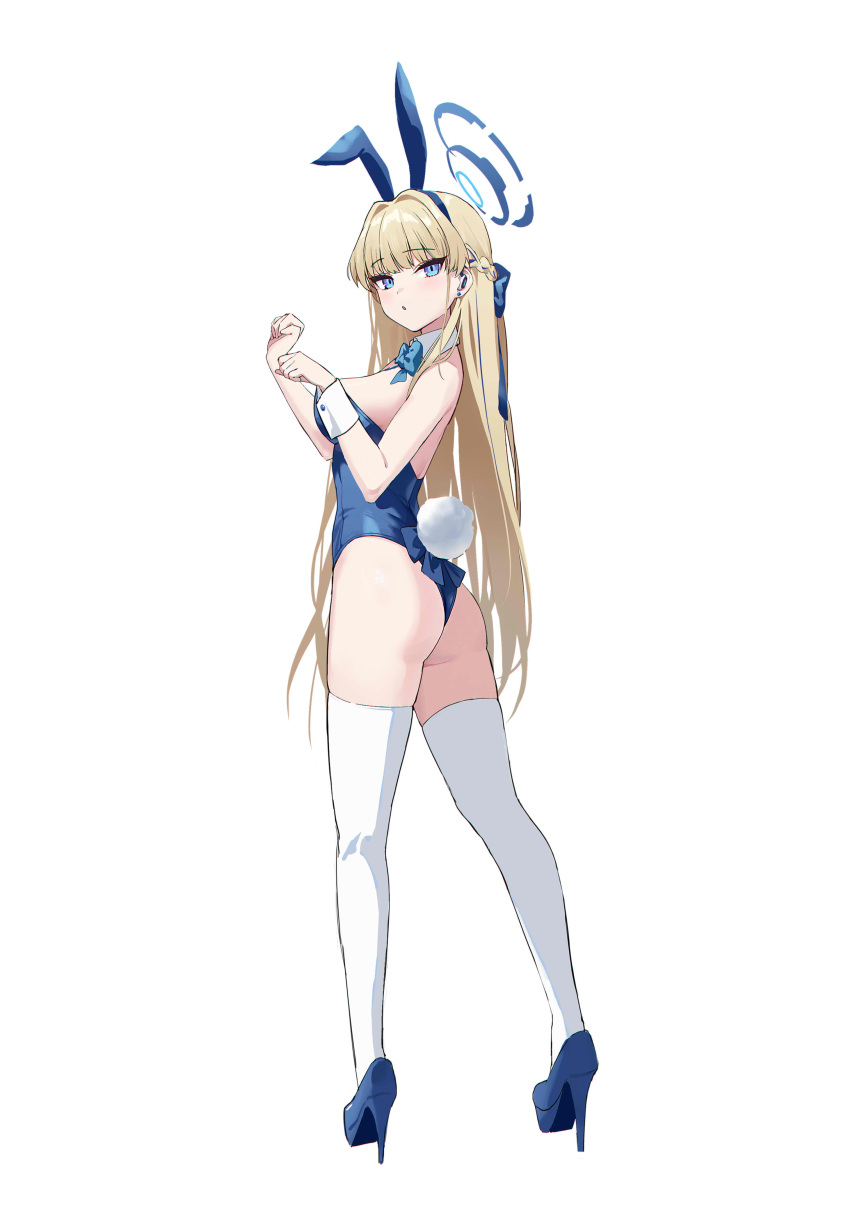 1girl absurdres animal_ears ass banxuan_c2ka blonde_hair blue_archive blue_bow blue_bowtie blue_eyes blue_footwear blue_hair blue_halo blue_leotard blush bow bowtie braid breasts detached_collar fake_animal_ears fake_tail full_body halo high_heels highres leotard long_hair medium_breasts multicolored_hair official_alternate_costume playboy_bunny rabbit_ears rabbit_tail simple_background solo strapless strapless_leotard streaked_hair tail thighhighs toki_(blue_archive) toki_(bunny)_(blue_archive) white_background white_thighhighs wrist_cuffs