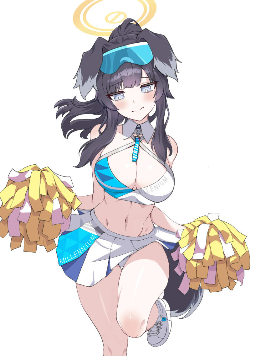 1girl absurdres animal_ears bare_shoulders black_hair blue_archive blue_eyes blush breasts cheerleader cleavage commentary_request crop_top foot_out_of_frame halterneck hibiki_(blue_archive) highres holding holding_pom_poms large_breasts lir_(cuhc3357) long_hair looking_at_viewer midriff miniskirt navel pleated_skirt pom_pom_(cheerleading) shoes simple_background skirt sneakers solo standing standing_on_one_leg stomach thighs white_background white_footwear white_skirt