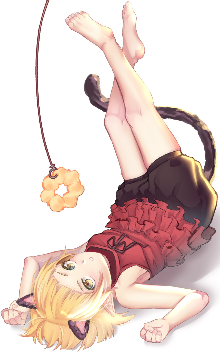 1girl absurdres animal_ears bare_legs barefoot black_shorts blonde_hair blunt_bangs breasts cat_ears cat_tail crossed_legs doughnut dress feet fishing_hook fishing_line food frilled_dress frills full_body hands_up highres kiss-shot_acerola-orion_heart-under-blade kizumonogatari legs legs_up looking_at_viewer lying medium_hair meemz_a monogatari_(series) on_back oshino_shinobu paw_pose puffy_shorts red_dress shadow short_dress shorts sidelocks simple_background sleeveless small_breasts solo tail toenails toes white_background yellow_eyes