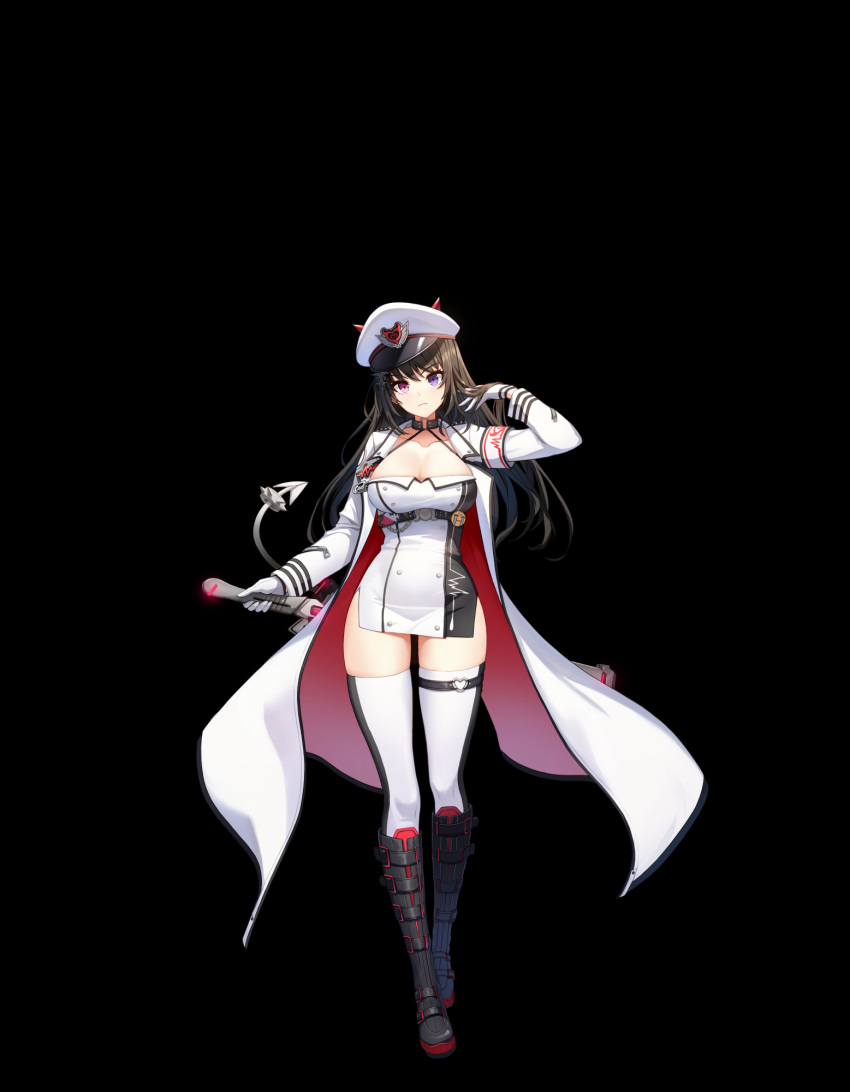 1girl arm_up bai_winchester belt black_choker black_footwear black_hair boots breasts choker cleavage closed_mouth closers coat collarbone crying_emoji dress emoji fake_horns frown full_body gloves halter_dress halterneck hat heterochromia highres holding holding_sword holding_weapon horns knee_boots large_breasts long_hair long_sleeves looking_at_viewer non-web_source official_art open_clothes open_coat peaked_cap pelvic_curtain pink_eyes purple_eyes short_dress sleeveless sleeveless_dress solo spaghetti_strap standing sword tail thigh_strap thighhighs thighs weapon white_coat white_dress white_gloves white_headwear white_thighhighs zettai_ryouiki