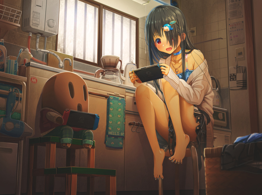 1girl 1other aiuabo armpit_crease bare_legs barefoot basket black_hair blue_choker blue_shirt blush bottle choker coffee_pot collarbone cup feet full_body hair_dryer hair_ornament hair_over_one_eye handheld_game_console holding holding_handheld_game_console indoors jewelry kettle kitchen knees_up legs long_sleeves miniskirt mug nail_polish necklace nintendo_switch off_shoulder one_eye_covered open_mouth original pleated_skirt red_eyes shadow shirt single_bare_shoulder sitting skirt spread_toes stool toenail_polish toenails toes toothbrush towel window