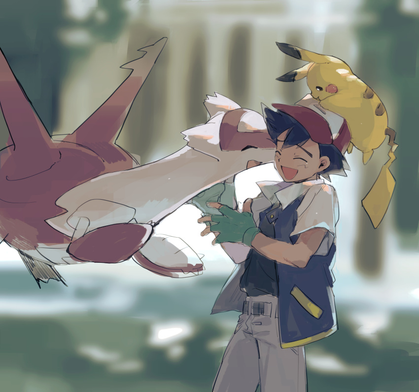 1boy absurdres ash_ketchum baseball_cap black_hair blurry blurry_background closed_eyes fingernails gloves green_gloves grey_pants hat highres komejirushi_com latias male_focus on_head open_mouth pants pikachu pokemon pokemon_(anime) pokemon_(classic_anime) pokemon_(creature) pokemon_heroes:_latios_&amp;_latias pokemon_on_head short_sleeves