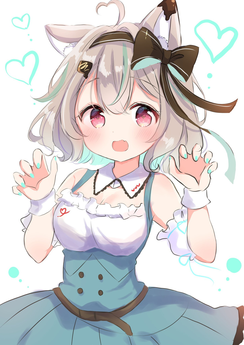 :d ahoge amakami_konomi animal_ears bare_shoulders belt black_ribbon blush breasts brown_belt center_frills claw_pose cleavage detached_collar detached_sleeves dress fang frills green_dress grey_hair hair_ornament hand_up heart heart-shaped_pupils highres indie_virtual_youtuber looking_at_viewer medium_breasts multicolored_hair nail_polish nanami_ayane_(kusunoki5050) open_mouth outstretched_arms red_eyes ribbon short_hair simple_background smile standing streaked_hair symbol-shaped_pupils upper_body virtual_youtuber wolf_ears wrist_cuffs wristband