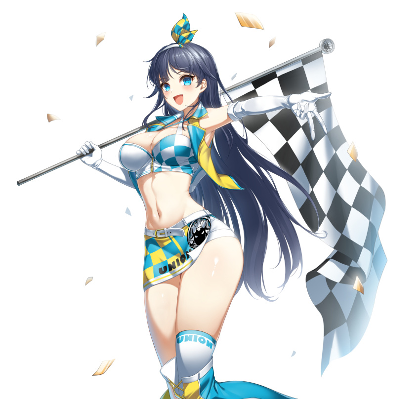 1girl armpits bare_shoulders blue_eyes blue_hair blue_shirt blue_skirt boots breasts checkered_flag cleavage closers criss-cross_halter crop_top cropped_vest elbow_gloves fang flag game_cg gloves hairband halterneck hand_up highres holding holding_flag large_breasts long_hair looking_at_viewer midriff miniskirt navel non-web_source official_art open_clothes open_mouth open_vest outstretched_arm race_queen shirt side_slit skirt sleeveless sleeveless_shirt smile solo stomach thigh_boots thighs v very_long_hair vest yellow_vest yuri_seo