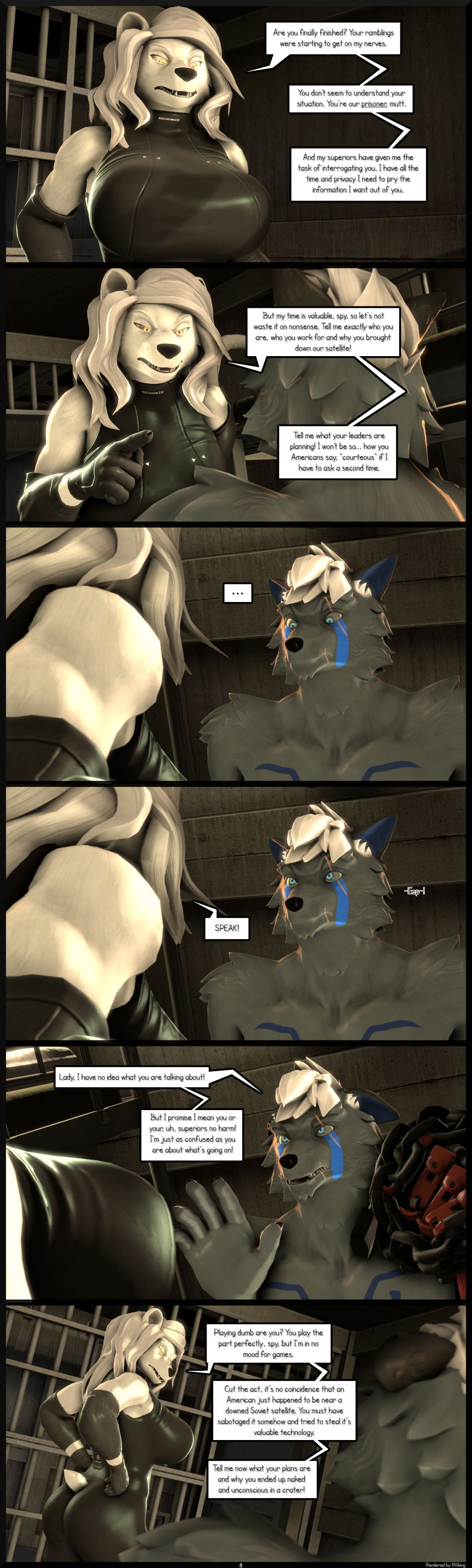 2024 3d_(artwork) 5_fingers absurd_res anthro armwear athletic athletic_anthro athletic_male bear bed big_breasts black_nose blue_eyes blue_markings bodysuit breasts bunk_bed butt canid canine canis chain chained chest_markings claws clothed clothing comic dialogue digital_media_(artwork) duo ears_back english_text facial_markings fangs female finger_claws fingers fur furniture gloves grey_body grey_fur hair handwear head_markings hi_res humanoid_hands inside interrogation looking_at_another looking_at_breasts male male/female mammal markings nataliya_(petruz) page_number petruz_(copyright) pivoted_ears polar_bear prison_cell prisoner prosthetic prosthetic_arm prosthetic_limb reindeerviking sitting skinsuit source_filmmaker speech_bubble standing teeth text theo_(lorekeeper_nate) tight_clothing topless topless_anthro topless_male ursine white_body white_fur white_hair wolf yellow_eyes