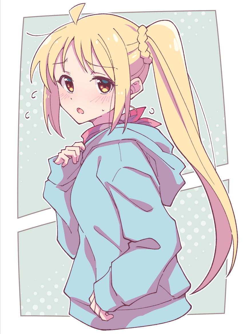 1girl ahoge blonde_hair blue_hoodie blush bocchi_the_rock! braid cropped_torso e20 flying_sweatdrops grey_background hand_up highres hood hood_down hoodie ijichi_nijika long_hair long_sleeves looking_at_viewer looking_to_the_side parted_bangs parted_lips puffy_long_sleeves puffy_sleeves red_eyes side_ponytail sleeves_past_wrists solo sweat two-tone_background upper_body very_long_hair white_background