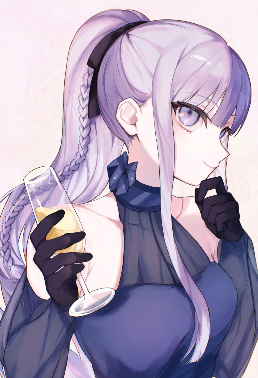 1girl absurdres black_gloves black_ribbon braid breasts cup danganronpa:_trigger_happy_havoc danganronpa_(series) danganronpa_10th_anniversary_costume detached_sleeves gloves hair_ribbon highres holding holding_cup kirigiri_kyoko looking_at_viewer medium_breasts nakiyande official_alternate_costume pink_eyes ponytail ribbon simple_background smile solo upper_body white_background