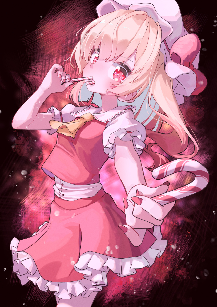 1girl absurdres ascot blonde_hair bow breasts candy candy_cane commentary english_commentary flandre_scarlet food foreshortening hat hat_bow highres holding holding_candy holding_candy_cane holding_food kiirokuma mob_cap one_side_up puffy_short_sleeves puffy_sleeves red_background red_eyes red_nails red_skirt short_sleeves skirt skirt_set small_breasts solo touhou yellow_ascot