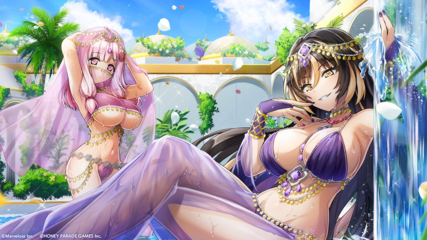 2girls amadea_wolfa arms_up baggy_pants belly_chain black_hair blonde_hair blue_sky bracelet breasts bridal_gauntlets cloud dolphin_wave eines_(dolphin_wave) grin hair_ornament hairclip harem_outfit highres jewelry large_breasts multicolored_hair multiple_girls official_art ootomo_takuji pants pink_eyes pink_hair see-through sky smile striped_hair underboob wet wet_clothes yellow_eyes