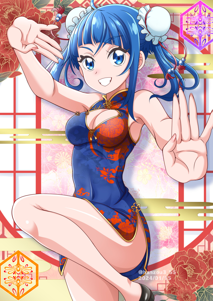 1girl alternate_costume alternate_hairstyle blue_hair breasts bun_cover china_dress chinese_clothes convenient_leg double_bun dress fighting_stance floral_print hair_bun hanzou highres hirogaru_sky!_precure long_hair looking_at_viewer medium_hair precure side_ponytail small_breasts smile solo sora_harewataru standing standing_on_one_leg twintails