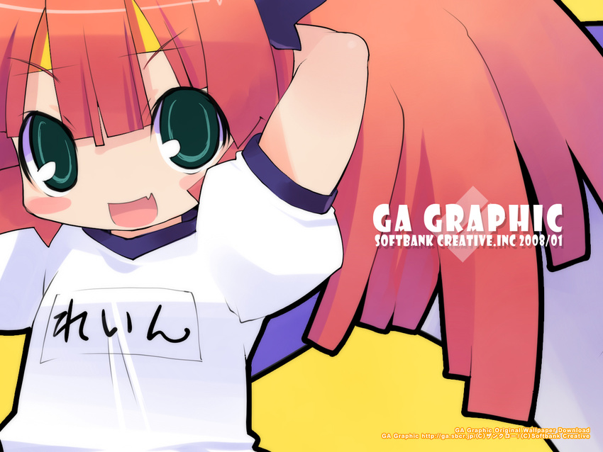 aqua_eyes arms_up bangs black_outline blush_stickers close-up copyright_name fang gagraphic green_eyes gym_uniform headband long_hair looking_at_viewer magical_rain_chan name_tag open_mouth outline pink_hair red_hair short_sleeves solo wallpaper watermark web_address zankuro