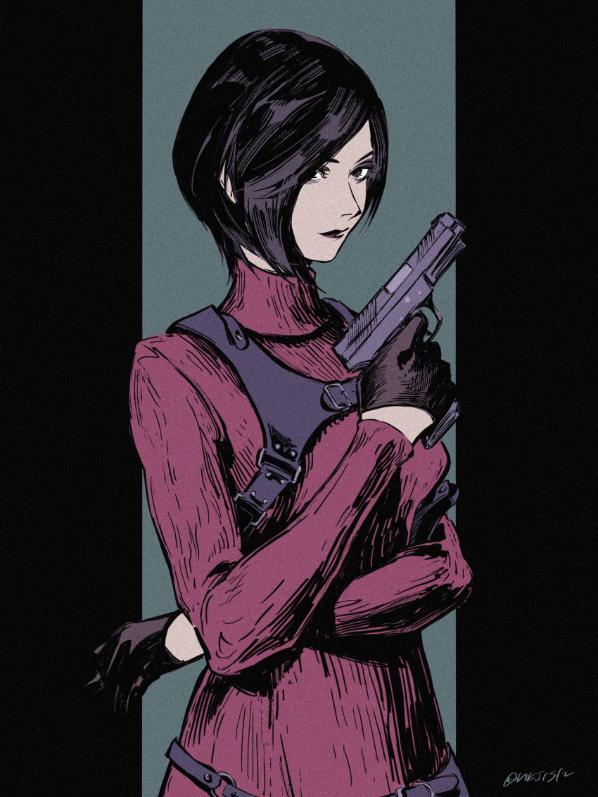 1girl ada_wong asymmetrical_hair black_gloves black_hair brown_eyes chest_harness crossed_arms dress finger_on_trigger fune_(nkjrs12) gloves green_background gun half_gloves handgun harness highres holding holding_gun holding_weapon holster looking_at_viewer red_sweater resident_evil resident_evil_4 resident_evil_4_(remake) short_hair shoulder_holster signature simple_background smile solo sweater sweater_dress turtleneck turtleneck_dress weapon