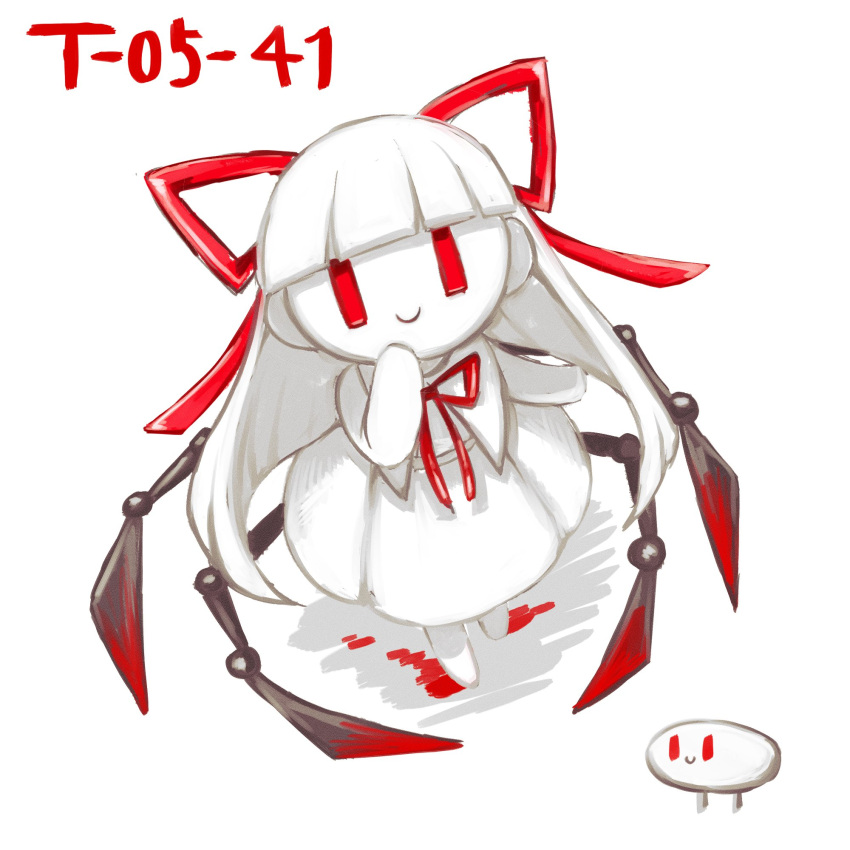 1girl all-around_helper barefoot blood closed_mouth dress hand_up highres lobotomy_corporation long_hair neck_ribbon personification project_moon red_eyes ribbon simple_background smile solo very_long_hair white_background white_dress yue_doux