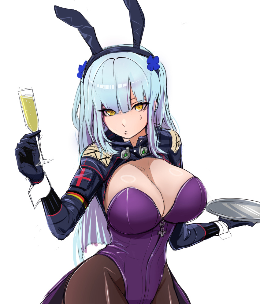1girl adapted_costume animal_ears black_gloves black_pantyhose blue_hair breasts champagne_flute cleavage cross_hair_ornament cup drinking_glass expressionless girls'_frontline gloves hair_ornament highres hk416_(girls'_frontline) ichi_illust001 large_breasts leotard looking_at_viewer pantyhose playboy_bunny purple_leotard rabbit_ears solo white_background yellow_eyes