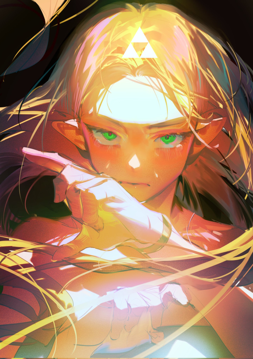 1girl bare_shoulders blonde_hair bracelet closed_mouth eyelashes fldwpfdorlskgdk floating_hair green_eyes hand_up highres jewelry korean_commentary long_hair looking_at_viewer messy_hair parted_bangs pointy_ears portrait princess_zelda serious simple_background sketch solo the_legend_of_zelda the_legend_of_zelda:_breath_of_the_wild triforce