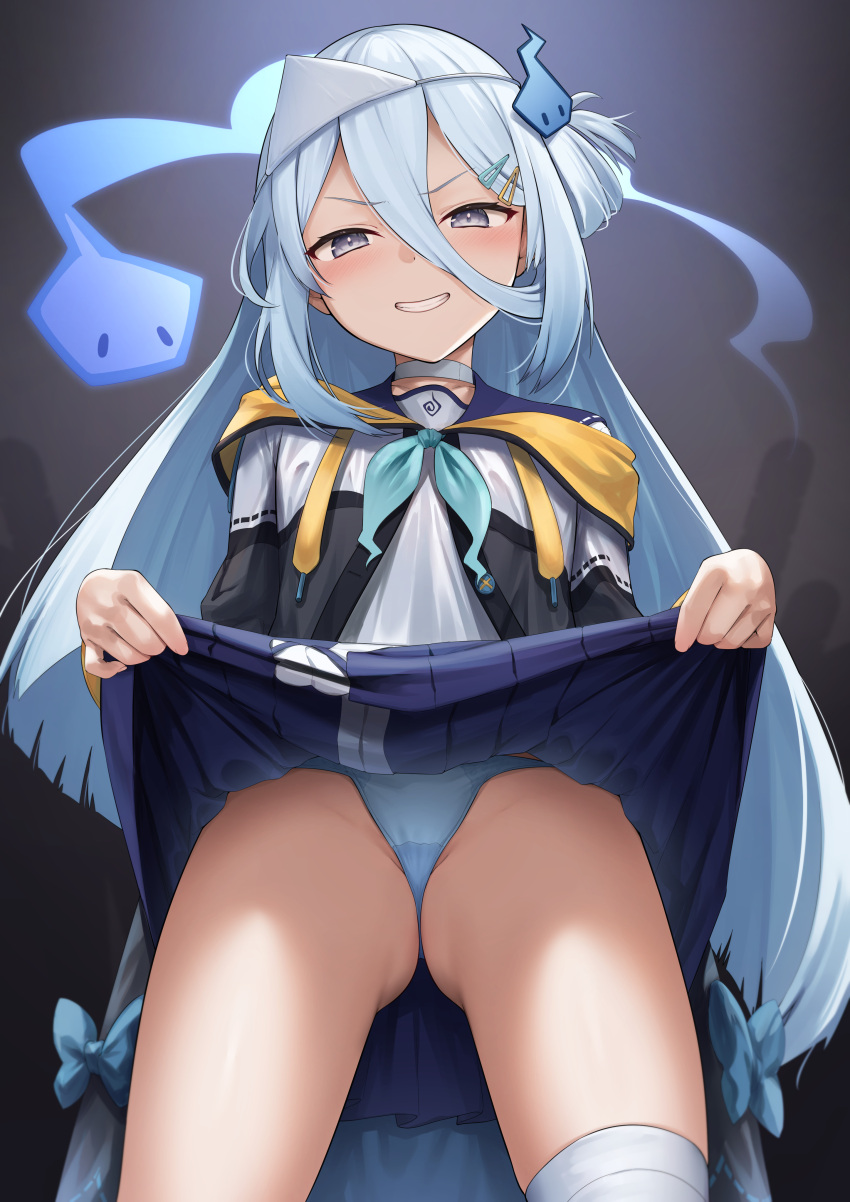 1girl absurdres bandages blue_hair blue_panties blue_skirt blush breasts clothes_lift commentary_request commission grey_eyes hair_between_eyes hair_ornament henria highres hitodama long_hair long_sleeves looking_at_viewer panties skeb_commission skirt skirt_lift smile solo suzutuki_sui underwear varium virtual_youtuber