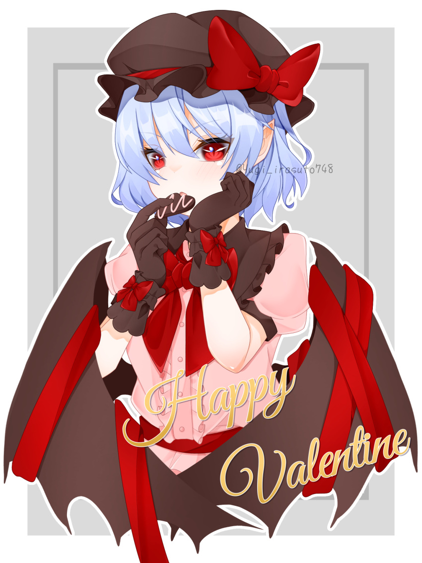 1girl bat_wings black_gloves blue_hair chocolate dress gloves happy_valentine hat hat_ribbon highres mob_cap pink_dress pointy_ears red_eyes red_ribbon remilia_scarlet ribbon short_hair simple_background solo touhou user_zxwa5275 valentine wings