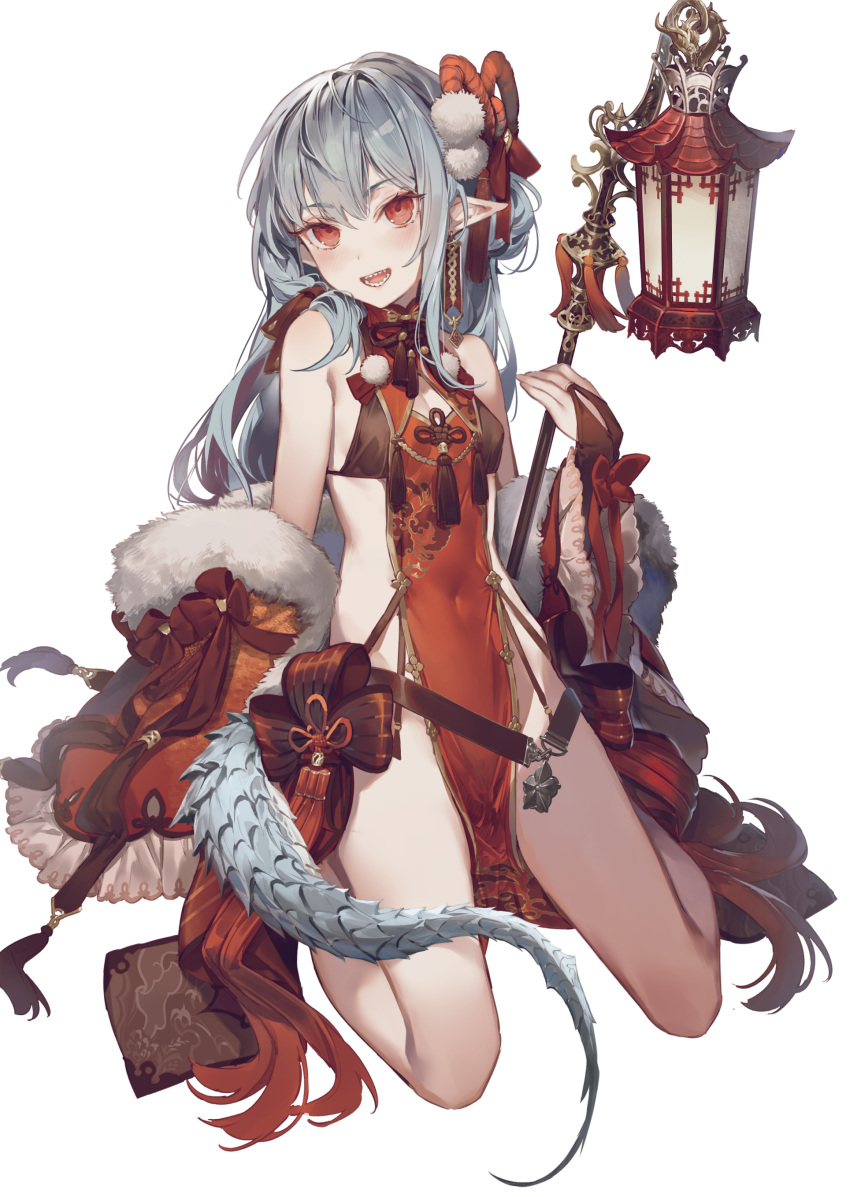 1girl :d absurdres bare_shoulders bikini black_bikini breasts china_dress chinese_clothes cleavage_cutout clothing_cutout coat commentary_request covered_navel dress fur_trim grey_hair hair_ornament highres kaerunoko lantern long_hair looking_at_viewer no_panties off_shoulder original pointy_ears red_coat red_dress red_eyes revealing_clothes seiza sharp_teeth sideless_outfit sidelocks simple_background sitting sleeveless sleeveless_dress small_breasts smile solo string_bikini swimsuit tail teeth thighs white_background
