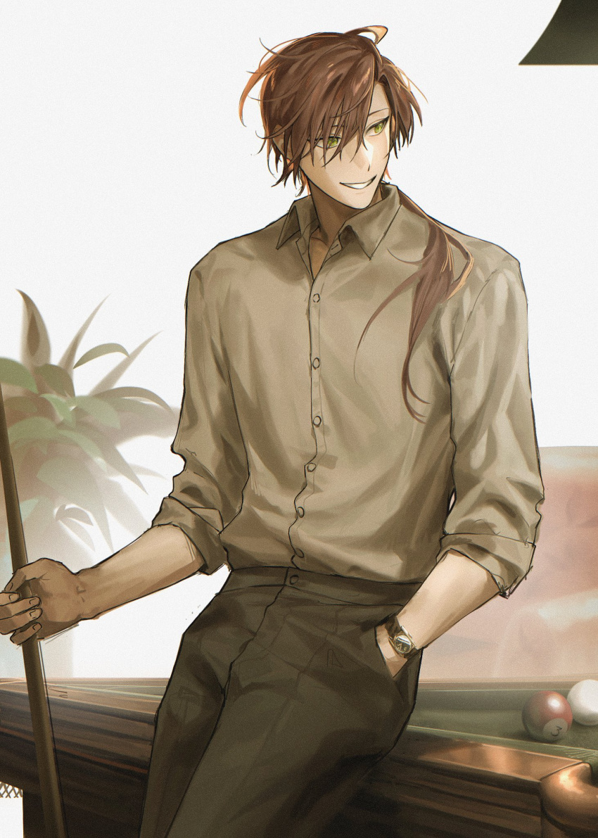 1boy ball billiard_ball black_pants collarbone collared_shirt cue_stick dress_shirt hand_in_pocket highres holding holding_cue_stick leaning_on_table long_hair low_ponytail male_focus open_collar original pants pool_table red_hair shirt shirt_tucked_in sleeves_rolled_up table unholymilk watch white_background white_shirt wristwatch yellow_eyes