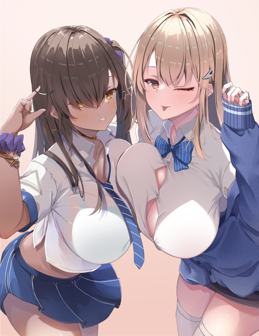 2girls :o :q absurdres bead_bracelet beads belt_pouch black_nails blonde_hair blue_bow blue_bowtie blue_jacket blue_necktie blue_skirt blush bow bowtie bracelet breasts brown_eyes brown_hair button_gap cellphone classroom cleavage collared_shirt cropped_shirt dark-skinned_female dark_skin goddess_of_victory:_nikke hair_ornament hair_over_one_eye highres holding holding_phone jacket jewelry large_breasts long_hair looking_at_viewer loose_necktie mole mole_under_eye mole_under_mouth multiple_girls naga_(nikke) navel necktie off_shoulder oimo_imoya pencil_skirt phone pleated_skirt pouch puffy_sleeves scrunchie shirt short_sleeves side_ponytail sitting skirt sleeves_past_wrists smartphone smoothie strap striped_necktie thighhighs tia_(nikke) tongue tongue_out white_shirt white_thighhighs wrist_scrunchie