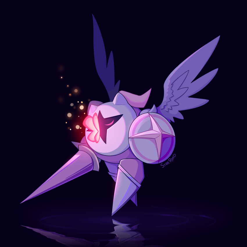 black_background bug butterfly butterfly_wings closed_eyes galacta_knight highres holding holding_shield horns insect_wings kirby:_star_allies kirby_(series) lance mask morpho_knight morpho_knight_(butterfly) polearm reflection shield signature starroad weapon wings