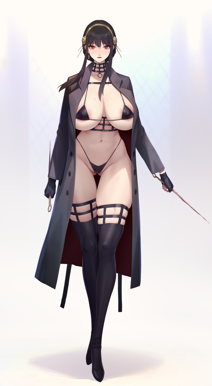 1girl absurdres areola_slip ass_visible_through_thighs bikini black_bikini black_hair blush boots breasts coat covered_nipples curvy dagger earrings gold_earrings groin hairband highleg highleg_bikini highres holding holding_dagger holding_knife holding_weapon huge_breasts jewelry knife long_hair looking_at_viewer micro_bikini red_eyes rekaerb_maerd skindentation solo spy_x_family stiletto_(weapon) string_bikini swimsuit thick_thighs thigh_boots thighhighs thighs weapon wide_hips yor_briar