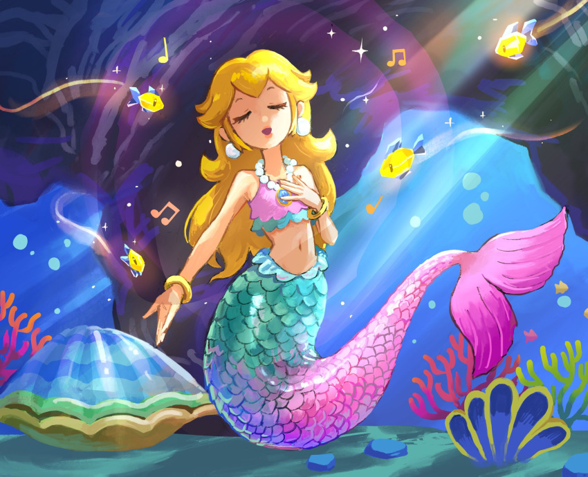 1girl blonde_hair bracelet brooch clam_shell closed_eyes coral crop_top earrings fish highres jewelry long_hair mario_(series) mermaid mermaid_peach monster_girl musical_note navel necklace official_alternate_costume open_mouth pearl_necklace pink_shirt princess_peach princess_peach:_showtime! shirt sphere_earrings underwater ya_mari_6363