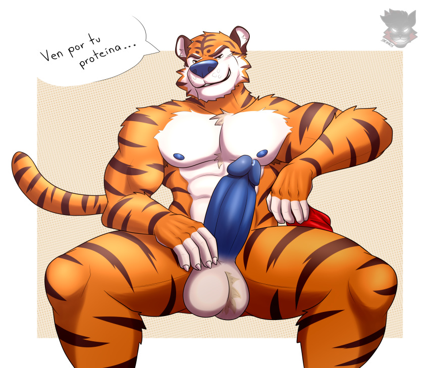 abs absurd_res anthro balls big_balls bodily_fluids deimos_wolf_(artist) erection felid frosted_flakes genital_fluids genitals hi_res kellogg's male mammal mascot muscular pantherine precum solo tiger tony_the_tiger