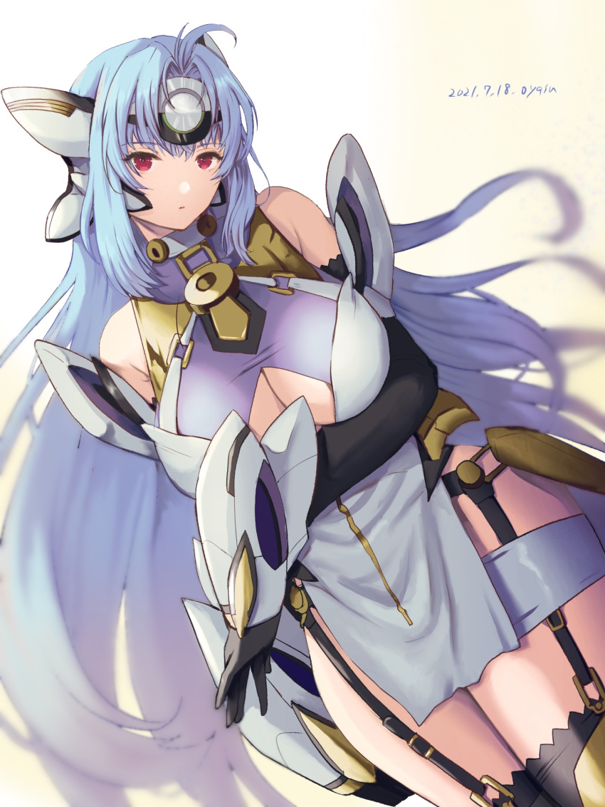 1girl android bare_shoulders black_gloves blue_hair breasts cowboy_shot dutch_angle elbow_gloves garter_straps gloves headgear highres kos-mos kos-mos_ver._4 large_breasts long_hair looking_at_viewer red_eyes revision solo thighhighs xenosaga yamamori_kinako