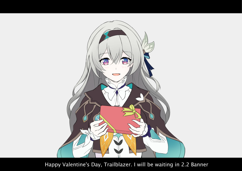 1girl :d absurdres black_hairband black_jacket blue_pupils blue_ribbon bow box box_of_chocolates collared_shirt cropped_jacket crossed_bangs english_text firefly_(honkai:_star_rail) flat_color gift hair_between_eyes hair_bow hair_intakes hairband happy_valentine highres holding holding_gift honkai:_star_rail honkai_(series) jacket letterboxed long_hair long_sleeves looking_at_viewer minamo_(adech-pro) neckerchief open_mouth orange_neckerchief pink_eyes purple_eyes ribbon shirt sidelocks simple_background smile solo straight-on two-tone_eyes upper_body white_background white_bow white_shirt