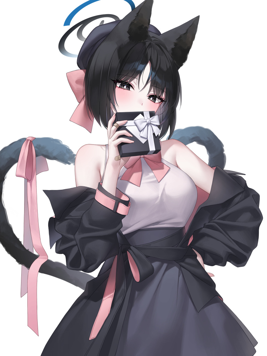 1girl absurdres animal_ears black_eyes black_hair black_jacket black_skirt blue_archive blue_halo blush box breasts cat_ears cat_tail gift gift_box halo highres holding holding_gift jacket kikyou_(blue_archive) long_sleeves looking_at_viewer medium_breasts multiple_tails open_clothes open_jacket raki_kr shirt short_hair simple_background skirt solo tail two_tails valentine white_background white_shirt