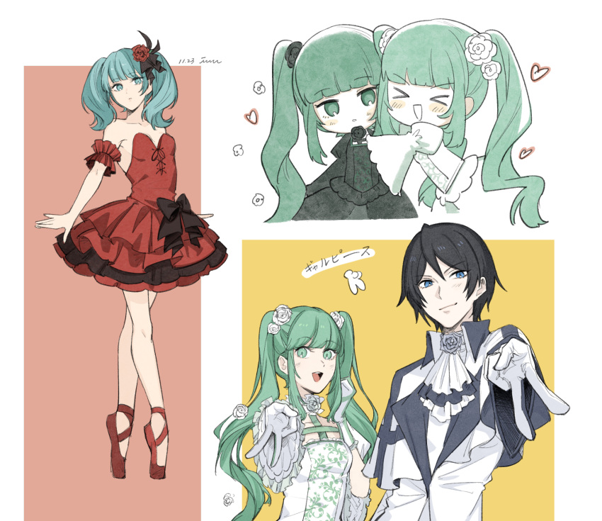 &gt;_&lt; 1boy 3girls alternate_color arm_garter arms_at_sides ascot ballerina ballet ballet_slippers bare_legs bare_shoulders black_bow black_dress black_flower black_hair black_rose blue_eyes blunt_bangs blush bow breasts cantarella_(vocaloid) capelet chibi choker closed_mouth commentary dated dress dual_persona en_pointe english_commentary expressionless flower flower_choker gaikotsu_gakudan_to_riria_(vocaloid) gloves gothic_lolita green_eyes green_hair hair_flower hair_ornament hand_up happy hatsune_miku heart highres hug jacket jitome juliet_sleeves kaito_(vocaloid) lolita_fashion long_hair long_sleeves looking_at_viewer medium_breasts medium_hair multiple_girls multiple_views outside_border outstretched_arm project_diva_(series) puffy_sleeves red_background red_dress red_flower red_rose rosa_bianca_(module) rosa_blue_(module) rose short_dress smile smirk soup_dumplin standing strapless strapless_dress symmetrical_pose twintails up_sleeve v very_long_hair vocaloid white_ascot white_background white_dress white_flower white_gloves white_jacket white_rose wide_sleeves yellow_background