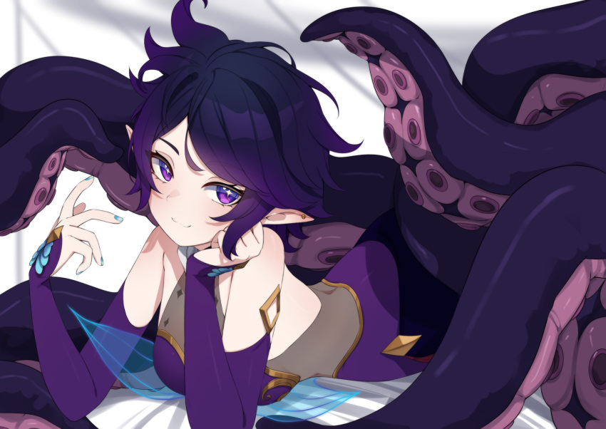 1girl blue_eyes breasts closed_mouth commission detached_sleeves highres indie_virtual_youtuber lying monster_girl octavia_astra on_stomach pointy_ears purple_eyes purple_hair purple_sleeves scylla see-through short_hair solo star-shaped_pupils star_(symbol) symbol-shaped_pupils tentacles valefal_coneri vgen_commission virtual_youtuber