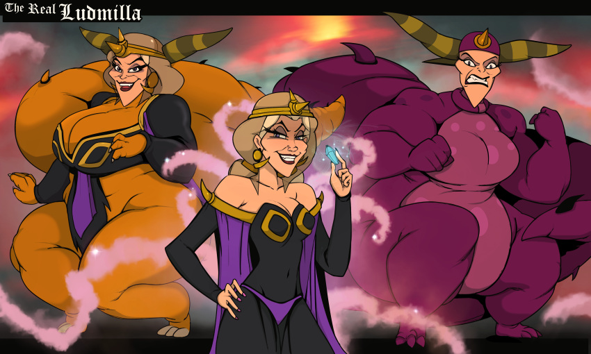 2018 5_fingers absurd_res animal_humanoid anthro bartok_the_magnificent big_breasts big_tail blonde_hair breasts chronorin cleavage clothed clothing colored_nails digital_drawing_(artwork) digital_media_(artwork) dragon dragon_humanoid english_description english_text evil_grin female fingers fist frown hair hi_res holding_jewelry holding_object horn human humanoid jewelry lipstick looking_at_viewer ludmilla_(bartok) makeup mammal mid_transformation nails open_mouth orange_body orange_breasts orange_scales purple_body purple_breasts purple_eyes purple_lipstick purple_nails purple_scales scales scowl sharp_tooth slightly_chubby slightly_chubby_female smile solo striped_horn stripes tail text white_text